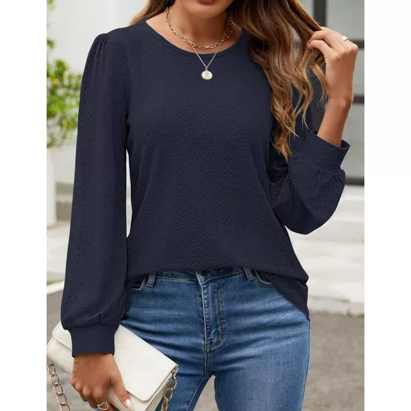 ZESICA Long Sleeve Eyelet Tops for Womens Crew Neck Fall Shirts Casual Loose Blouses 2024 Trendy ClothesNavy