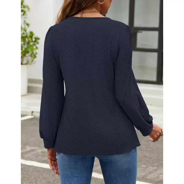 ZESICA Long Sleeve Eyelet Tops for Womens Crew Neck Fall Shirts Casual Loose Blouses 2024 Trendy ClothesNavy