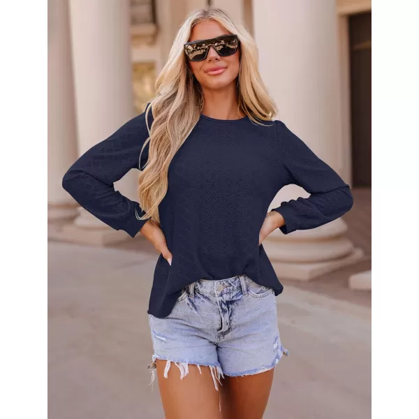 ZESICA Long Sleeve Eyelet Tops for Womens Crew Neck Fall Shirts Casual Loose Blouses 2024 Trendy ClothesNavy