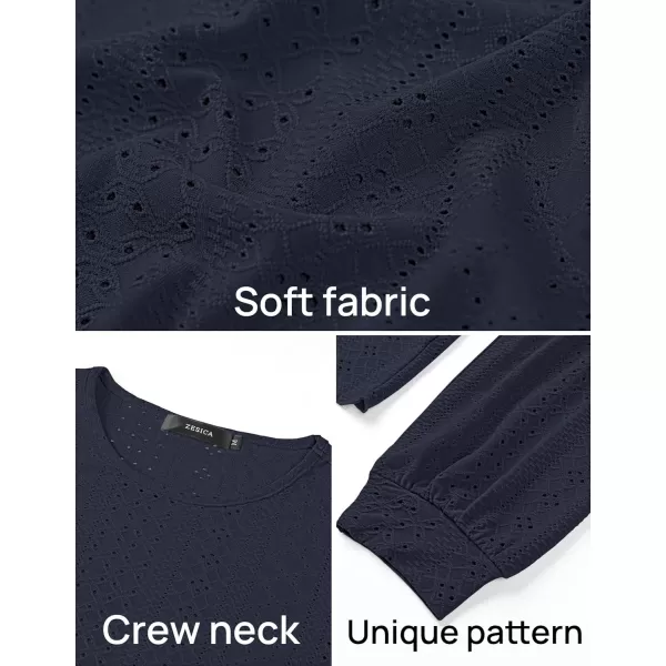 ZESICA Long Sleeve Eyelet Tops for Womens Crew Neck Fall Shirts Casual Loose Blouses 2024 Trendy ClothesNavy