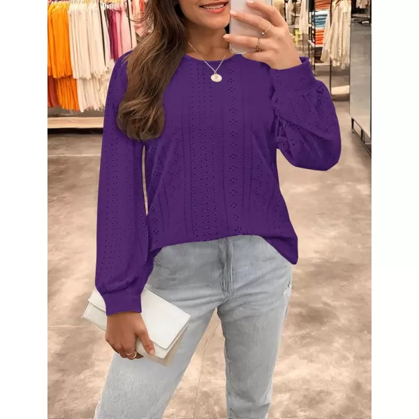 ZESICA Long Sleeve Eyelet Tops for Womens Crew Neck Fall Shirts Casual Loose Blouses 2024 Trendy ClothesPurple
