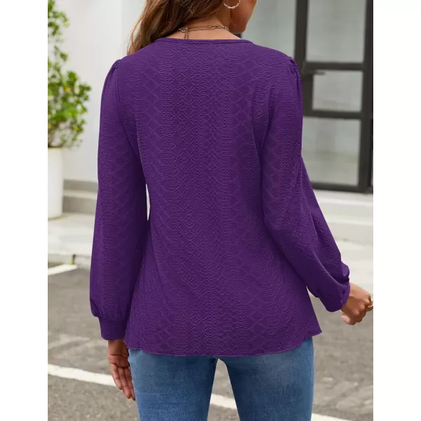 ZESICA Long Sleeve Eyelet Tops for Womens Crew Neck Fall Shirts Casual Loose Blouses 2024 Trendy ClothesPurple