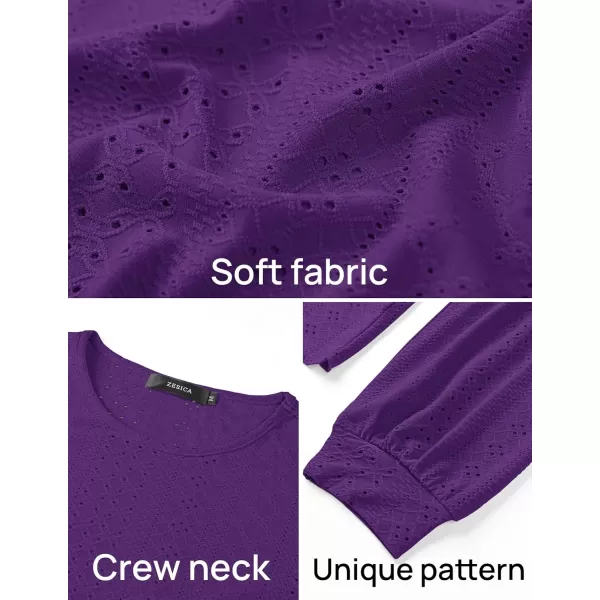 ZESICA Long Sleeve Eyelet Tops for Womens Crew Neck Fall Shirts Casual Loose Blouses 2024 Trendy ClothesPurple