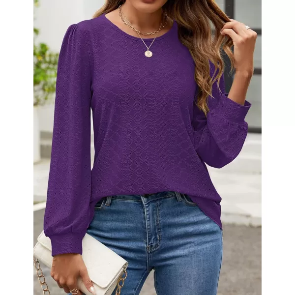 ZESICA Long Sleeve Eyelet Tops for Womens Crew Neck Fall Shirts Casual Loose Blouses 2024 Trendy ClothesPurple