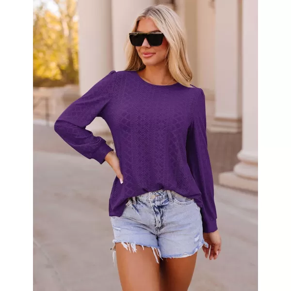 ZESICA Long Sleeve Eyelet Tops for Womens Crew Neck Fall Shirts Casual Loose Blouses 2024 Trendy ClothesPurple