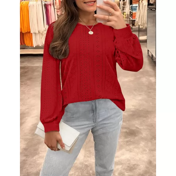 ZESICA Long Sleeve Eyelet Tops for Womens Crew Neck Fall Shirts Casual Loose Blouses 2024 Trendy ClothesRed