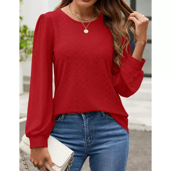 ZESICA Long Sleeve Eyelet Tops for Womens Crew Neck Fall Shirts Casual Loose Blouses 2024 Trendy ClothesRed