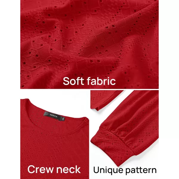 ZESICA Long Sleeve Eyelet Tops for Womens Crew Neck Fall Shirts Casual Loose Blouses 2024 Trendy ClothesRed