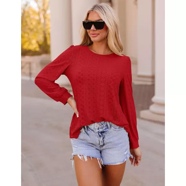 ZESICA Long Sleeve Eyelet Tops for Womens Crew Neck Fall Shirts Casual Loose Blouses 2024 Trendy ClothesRed