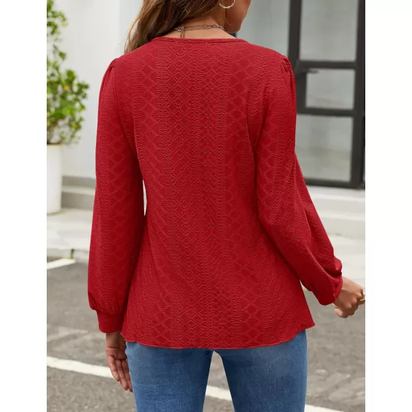 ZESICA Long Sleeve Eyelet Tops for Womens Crew Neck Fall Shirts Casual Loose Blouses 2024 Trendy ClothesRed