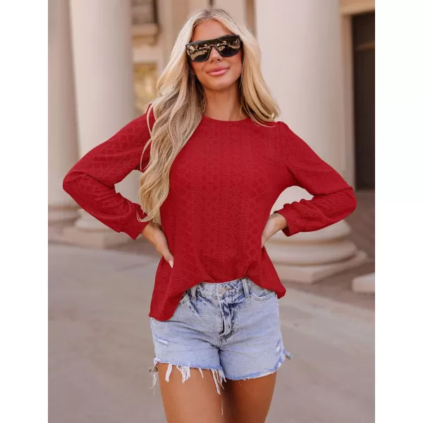 ZESICA Long Sleeve Eyelet Tops for Womens Crew Neck Fall Shirts Casual Loose Blouses 2024 Trendy ClothesRed