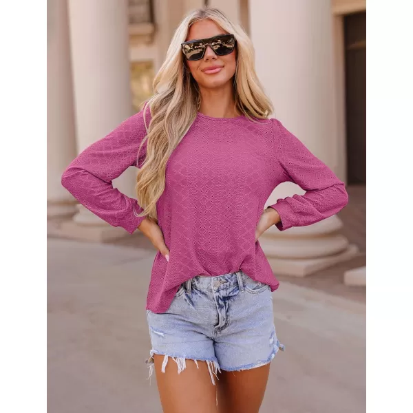 ZESICA Long Sleeve Eyelet Tops for Womens Crew Neck Fall Shirts Casual Loose Blouses 2024 Trendy ClothesRosered