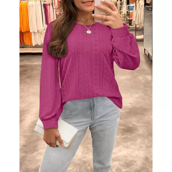 ZESICA Long Sleeve Eyelet Tops for Womens Crew Neck Fall Shirts Casual Loose Blouses 2024 Trendy ClothesRosered