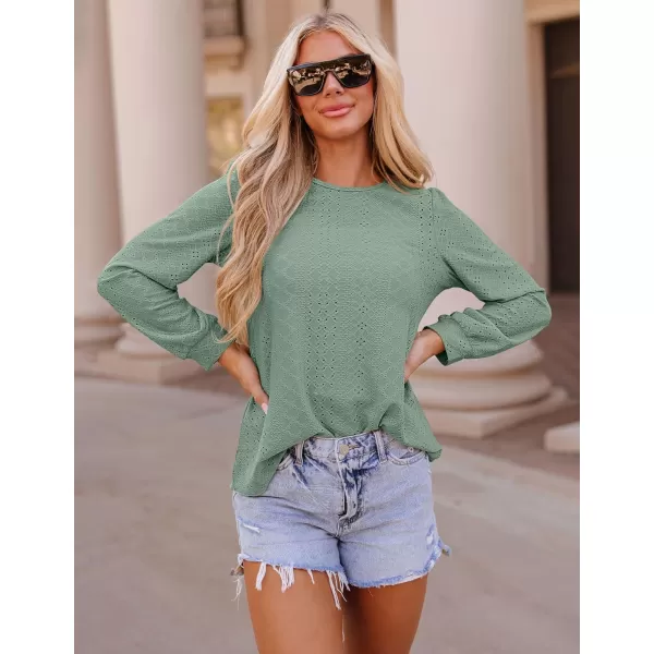 ZESICA Long Sleeve Eyelet Tops for Womens Crew Neck Fall Shirts Casual Loose Blouses 2024 Trendy ClothesSage