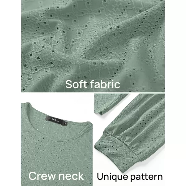 ZESICA Long Sleeve Eyelet Tops for Womens Crew Neck Fall Shirts Casual Loose Blouses 2024 Trendy ClothesSage