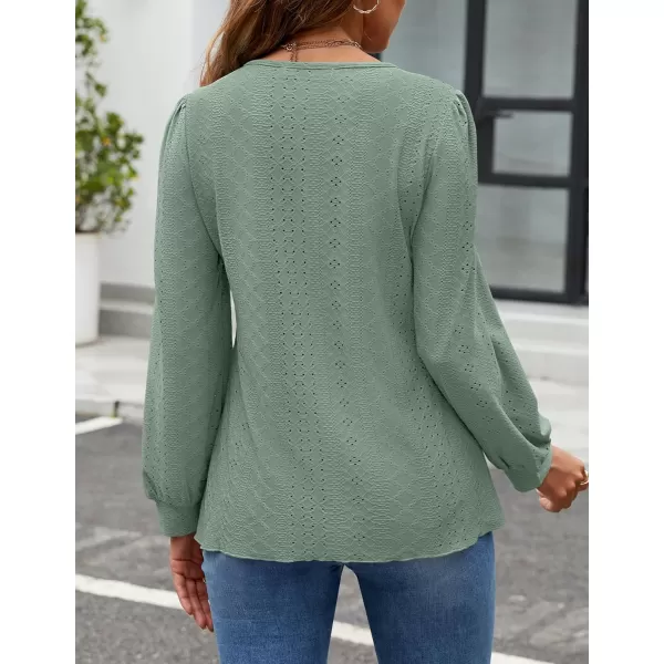 ZESICA Long Sleeve Eyelet Tops for Womens Crew Neck Fall Shirts Casual Loose Blouses 2024 Trendy ClothesSage