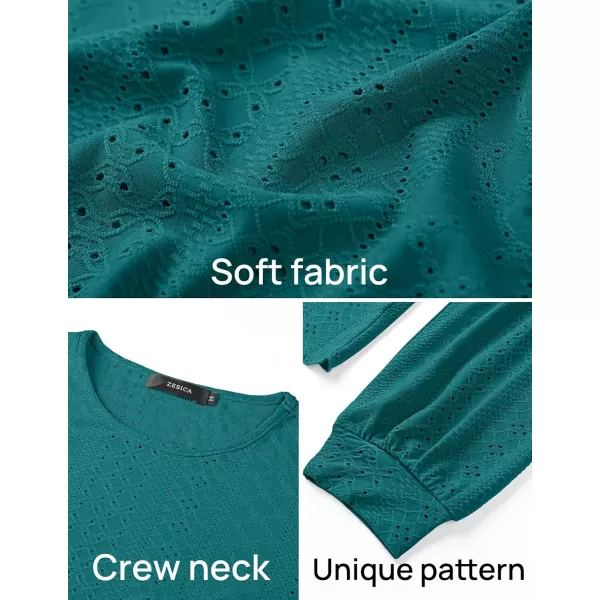 ZESICA Long Sleeve Eyelet Tops for Womens Crew Neck Fall Shirts Casual Loose Blouses 2024 Trendy ClothesTealgreen