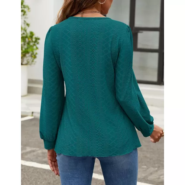 ZESICA Long Sleeve Eyelet Tops for Womens Crew Neck Fall Shirts Casual Loose Blouses 2024 Trendy ClothesTealgreen
