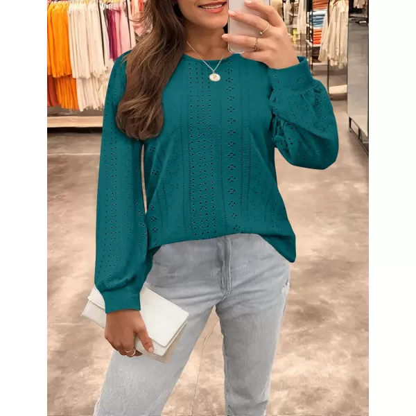 ZESICA Long Sleeve Eyelet Tops for Womens Crew Neck Fall Shirts Casual Loose Blouses 2024 Trendy ClothesTealgreen