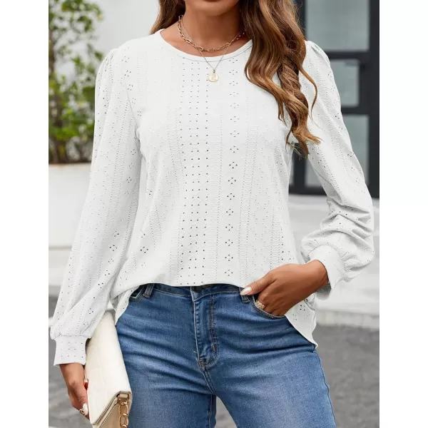 ZESICA Long Sleeve Eyelet Tops for Womens Crew Neck Fall Shirts Casual Loose Blouses 2024 Trendy ClothesWhite