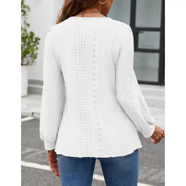 ZESICA Long Sleeve Eyelet Tops for Womens Crew Neck Fall Shirts Casual Loose Blouses 2024 Trendy ClothesWhite