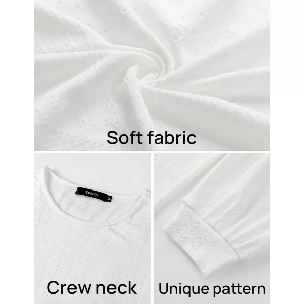 ZESICA Long Sleeve Eyelet Tops for Womens Crew Neck Fall Shirts Casual Loose Blouses 2024 Trendy ClothesWhite