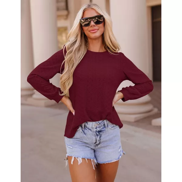 ZESICA Long Sleeve Eyelet Tops for Womens Crew Neck Fall Shirts Casual Loose Blouses 2024 Trendy ClothesWine