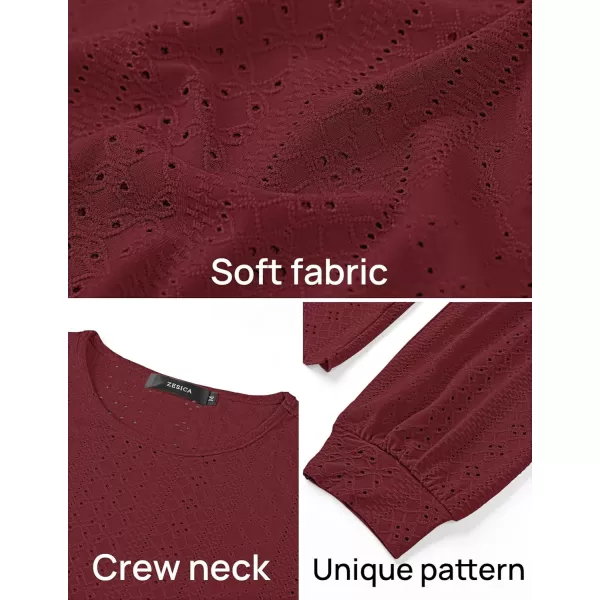 ZESICA Long Sleeve Eyelet Tops for Womens Crew Neck Fall Shirts Casual Loose Blouses 2024 Trendy ClothesWine