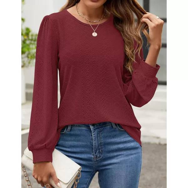 ZESICA Long Sleeve Eyelet Tops for Womens Crew Neck Fall Shirts Casual Loose Blouses 2024 Trendy ClothesWine