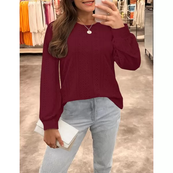ZESICA Long Sleeve Eyelet Tops for Womens Crew Neck Fall Shirts Casual Loose Blouses 2024 Trendy ClothesWine