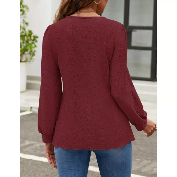 ZESICA Long Sleeve Eyelet Tops for Womens Crew Neck Fall Shirts Casual Loose Blouses 2024 Trendy ClothesWine