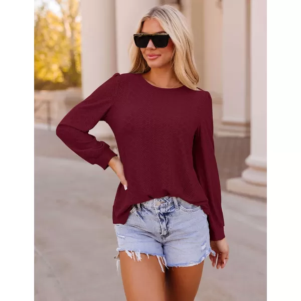 ZESICA Long Sleeve Eyelet Tops for Womens Crew Neck Fall Shirts Casual Loose Blouses 2024 Trendy ClothesWine