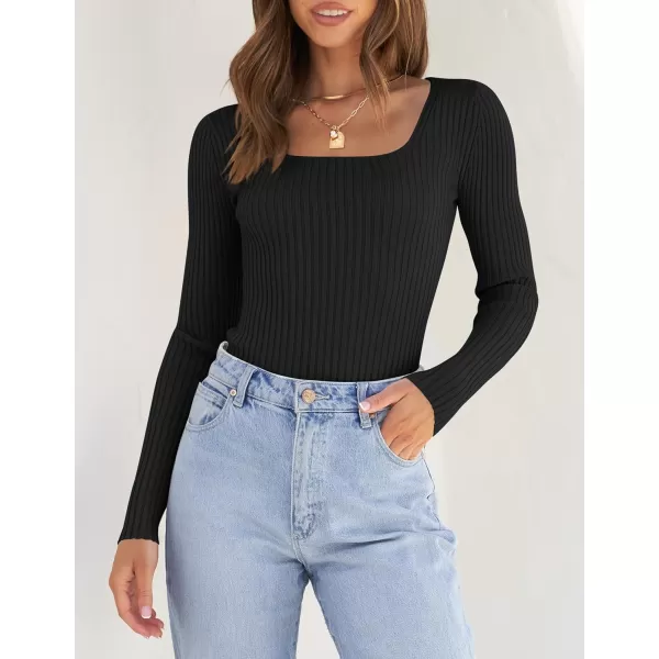 ZESICA Womens 2024 Long Sleeve Square Neck T Shirts Slim Fitted Elegant Fall Ribbed Knit Casual Tee TopsBlack
