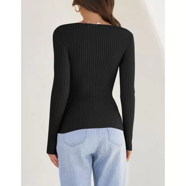 ZESICA Womens 2024 Long Sleeve Square Neck T Shirts Slim Fitted Elegant Fall Ribbed Knit Casual Tee TopsBlack