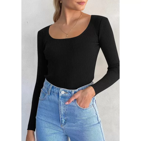 ZESICA Womens 2024 Long Sleeve Square Neck T Shirts Slim Fitted Elegant Fall Ribbed Knit Casual Tee TopsBlack