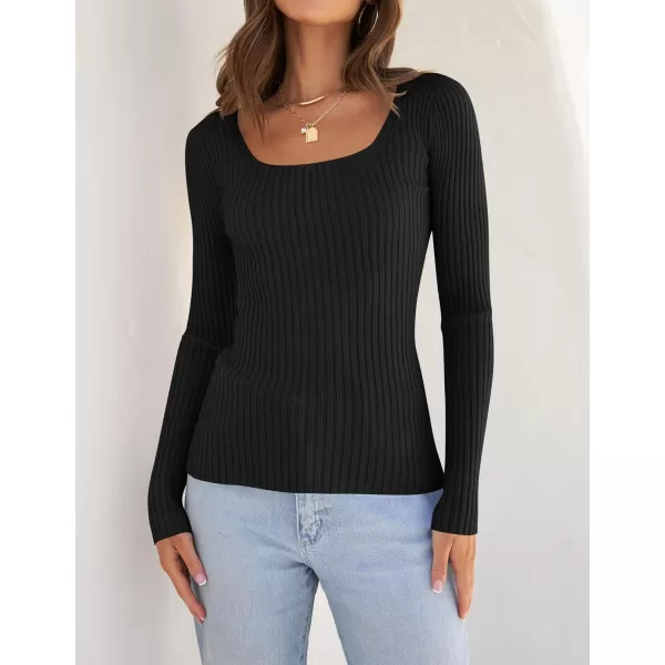 ZESICA Womens 2024 Long Sleeve Square Neck T Shirts Slim Fitted Elegant Fall Ribbed Knit Casual Tee TopsBlack