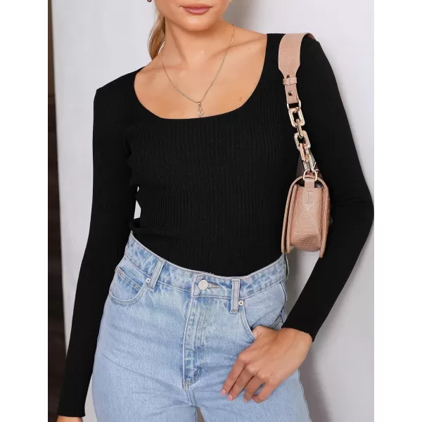 ZESICA Womens 2024 Long Sleeve Square Neck T Shirts Slim Fitted Elegant Fall Ribbed Knit Casual Tee TopsBlack