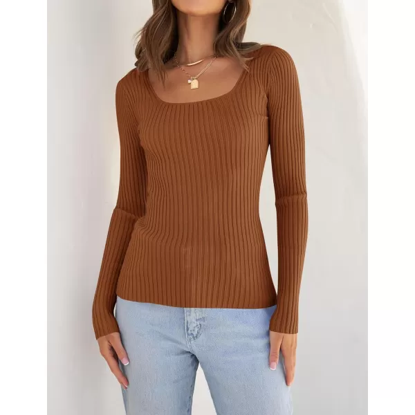 ZESICA Womens 2024 Long Sleeve Square Neck T Shirts Slim Fitted Elegant Fall Ribbed Knit Casual Tee TopsBrown
