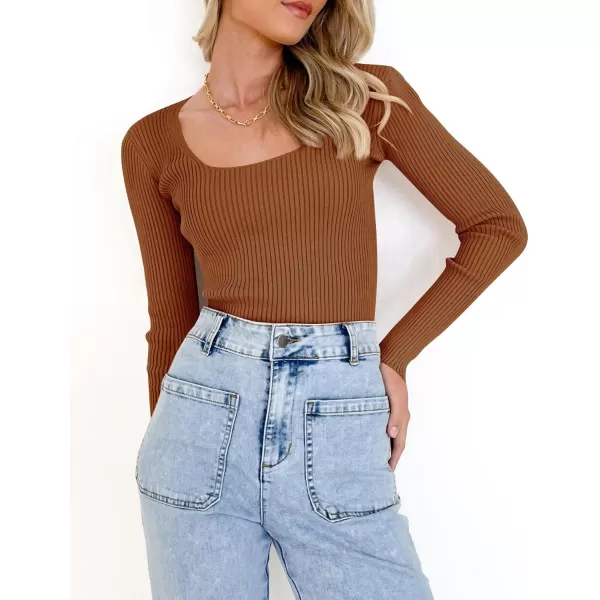 ZESICA Womens 2024 Long Sleeve Square Neck T Shirts Slim Fitted Elegant Fall Ribbed Knit Casual Tee TopsBrown