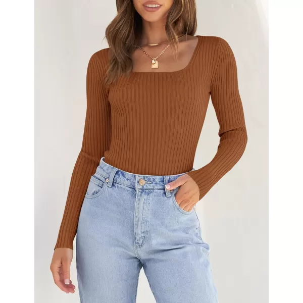 ZESICA Womens 2024 Long Sleeve Square Neck T Shirts Slim Fitted Elegant Fall Ribbed Knit Casual Tee TopsBrown