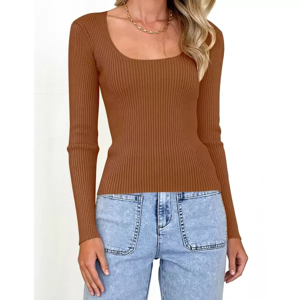 ZESICA Womens 2024 Long Sleeve Square Neck T Shirts Slim Fitted Elegant Fall Ribbed Knit Casual Tee TopsBrown