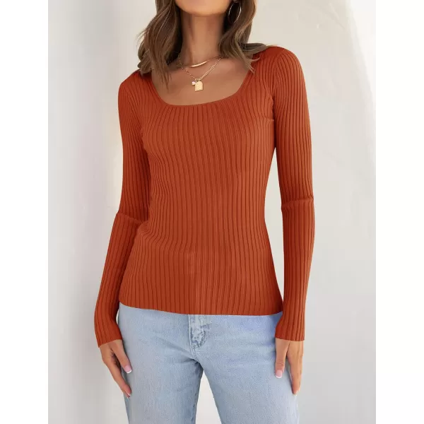 ZESICA Womens 2024 Long Sleeve Square Neck T Shirts Slim Fitted Elegant Fall Ribbed Knit Casual Tee TopsCaramel