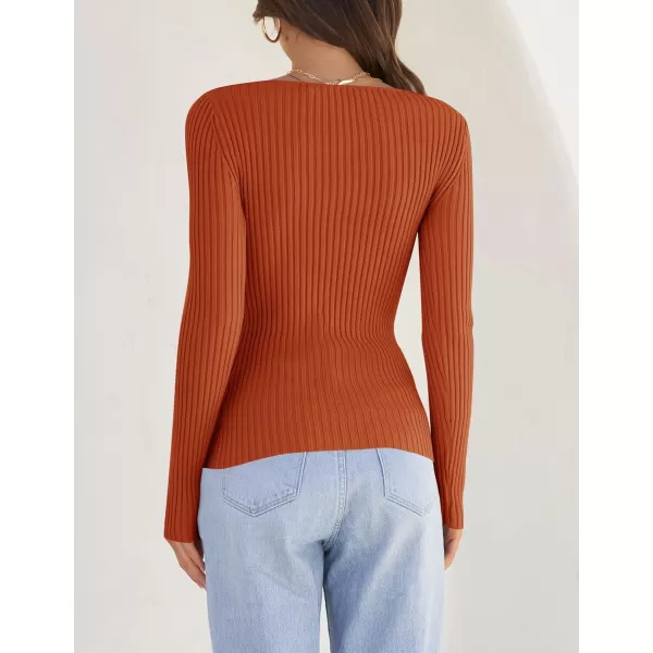 ZESICA Womens 2024 Long Sleeve Square Neck T Shirts Slim Fitted Elegant Fall Ribbed Knit Casual Tee TopsCaramel