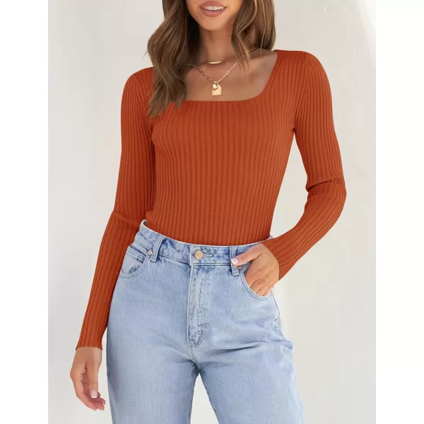 ZESICA Womens 2024 Long Sleeve Square Neck T Shirts Slim Fitted Elegant Fall Ribbed Knit Casual Tee TopsCaramel