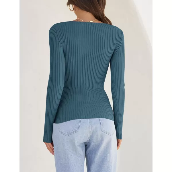 ZESICA Womens 2024 Long Sleeve Square Neck T Shirts Slim Fitted Elegant Fall Ribbed Knit Casual Tee TopsDarkblue