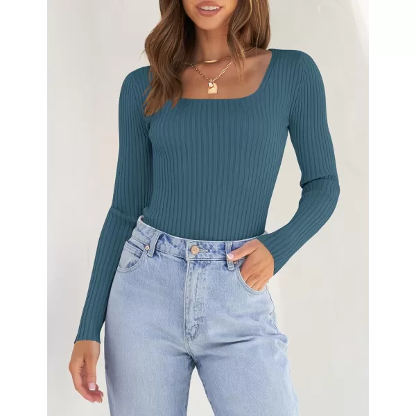 ZESICA Womens 2024 Long Sleeve Square Neck T Shirts Slim Fitted Elegant Fall Ribbed Knit Casual Tee TopsDarkblue