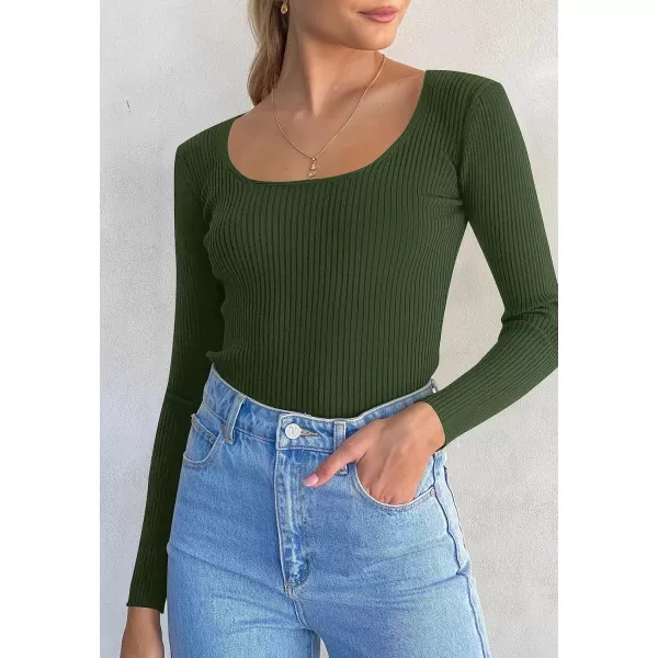 ZESICA Womens 2024 Long Sleeve Square Neck T Shirts Slim Fitted Elegant Fall Ribbed Knit Casual Tee TopsDarkgreen