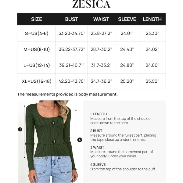 ZESICA Womens 2024 Long Sleeve Square Neck T Shirts Slim Fitted Elegant Fall Ribbed Knit Casual Tee TopsDarkgreen