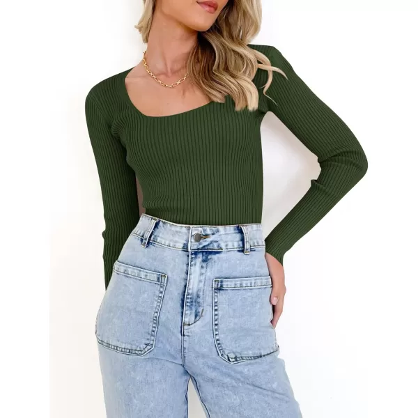 ZESICA Womens 2024 Long Sleeve Square Neck T Shirts Slim Fitted Elegant Fall Ribbed Knit Casual Tee TopsDarkgreen
