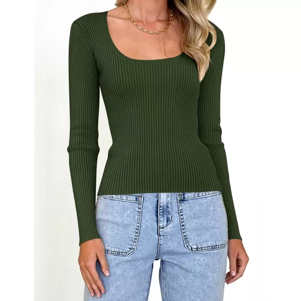 ZESICA Womens 2024 Long Sleeve Square Neck T Shirts Slim Fitted Elegant Fall Ribbed Knit Casual Tee TopsDarkgreen
